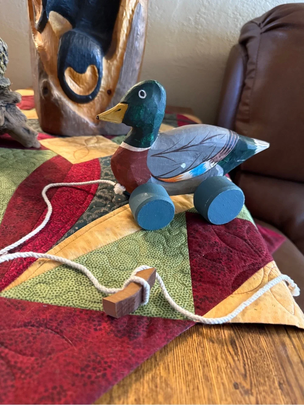 Vintage Hand-Painted Wooden Mallard Pull Toy Green/Brown/Blue